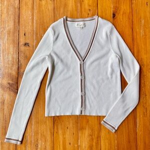 Marled Cream Ribbed V-Neck Cardigan with Tan Woven Trim Size XS